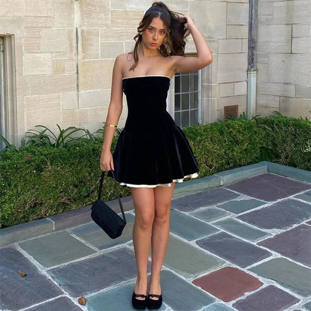 Talenza Black Strapless Lace Up Mini Dress Women's Sexy Off Shoulder Sleeveless Evening Dress Elegant Patchwork Summer Dress Y2k