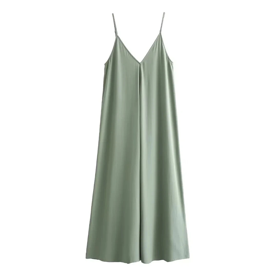 TRAF Slip Dress Women 2024 Summer Women's Loose Dresses Sleeveless Thin Straps Black Long Dresses Backless Beach Holiday Dresses