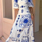 Fashion Square Collar Printed Long Dress Women Elegant Casual Short Puff Sleeved Dresses 2024 Summer Chic Female Vacation Robes