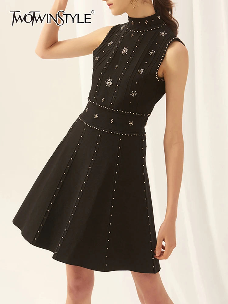 TWOTWINSTYLE Patchwork Embroidered Flares Dresses For Women Round Neck Sleeveless High Waist Mini Summer Dress Female Fashion