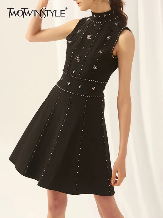TWOTWINSTYLE Patchwork Embroidered Flares Dresses For Women Round Neck Sleeveless High Waist Mini Summer Dress Female Fashion