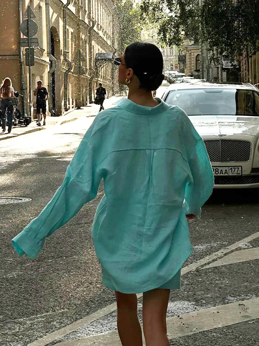 Wolfeel Women's Casual Shorts Sets 100% Cotton Solid Color Cozy Lapel Long Sleeve Shirt Summer New Elastic Waist Shorts Suits