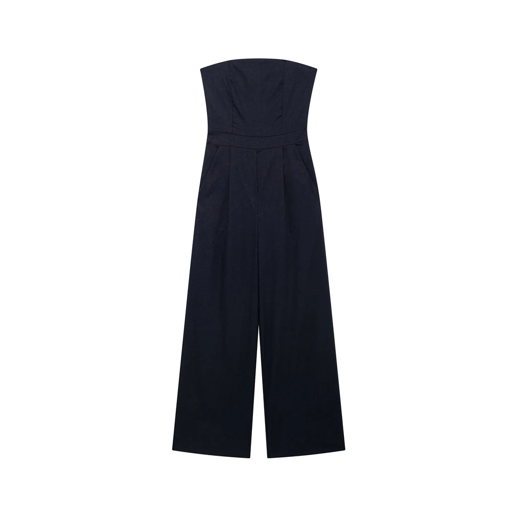 TRZA-Strapless Linen Jumpsuits for Women, Straight Neck, Back Zipper, Female Playsuits, Chic Fashion