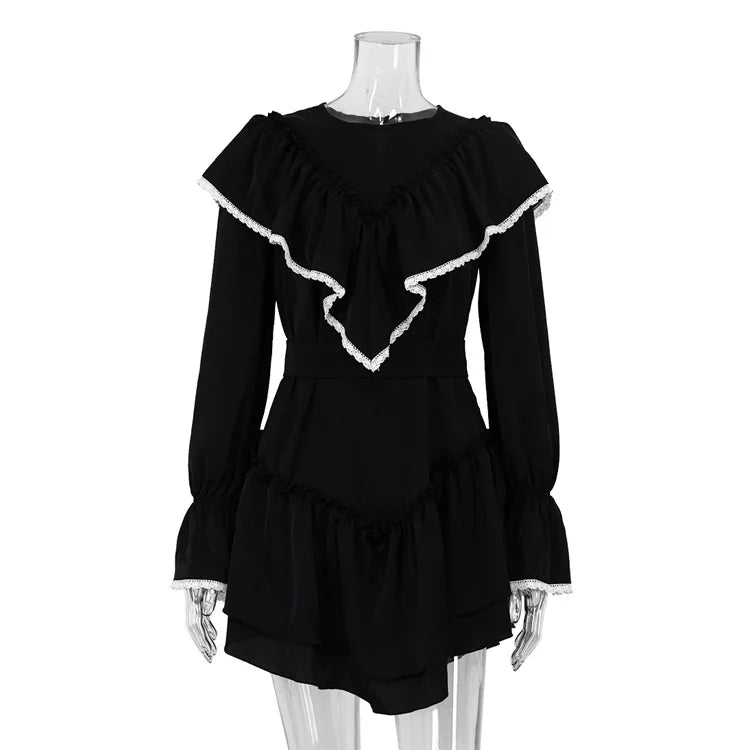 Jastie 2023 Autumn New Women's Dress Round Neck Long Bell Sleeve Ruffle Dresses Women's Temperament Design Short Black Dress