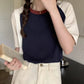 AOSSVIAO Summer Tops for Women Tshirt Turn Down Collar Short Sleeve Beige Blue Chic Y2k Fashion Patchwork 2025 T Shirts