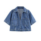 TRAFZA Summer Women Suits Denim Blue Turn-Down Collar Short Sleeves Pocket Decoration Shirts+Mid Waist Asymmetrical Shorts