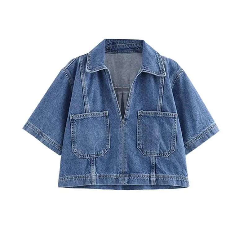 TRAFZA Summer Women Suits Denim Blue Turn-Down Collar Short Sleeves Pocket Decoration Shirts+Mid Waist Asymmetrical Shorts