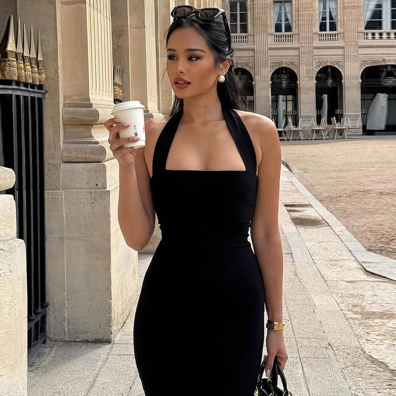 TARUXY One-Shoulder Bodycon Black Evening Dress For Women Sexy Backless Sleeveless Neck-Mounted Long Party Dress Female Elegant