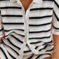 Women Casual 2 Pieces Set Loungewear Matching Suits Stripe Contrast Color Button Crochet Knit Blouse Tops + Shorts Outfits