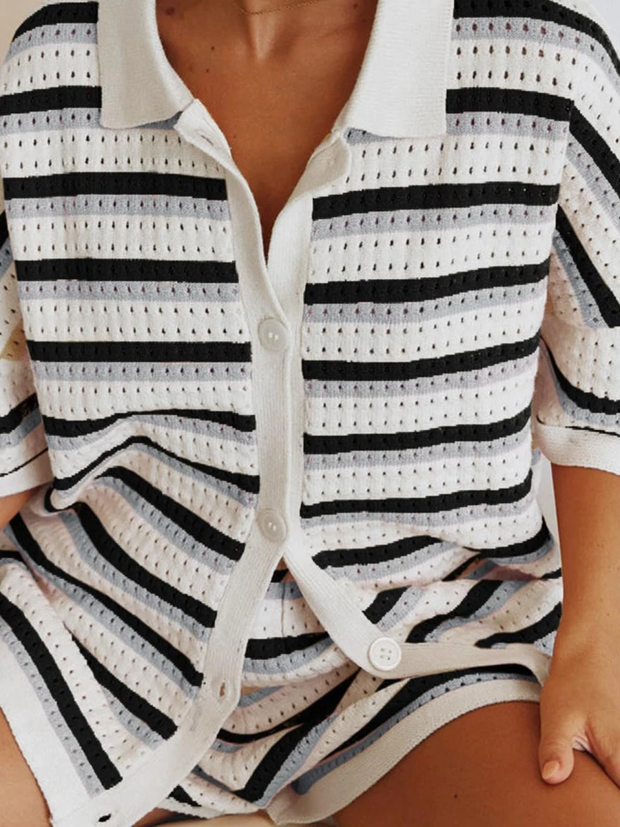 Women Casual 2 Pieces Set Loungewear Matching Suits Stripe Contrast Color Button Crochet Knit Blouse Tops + Shorts Outfits