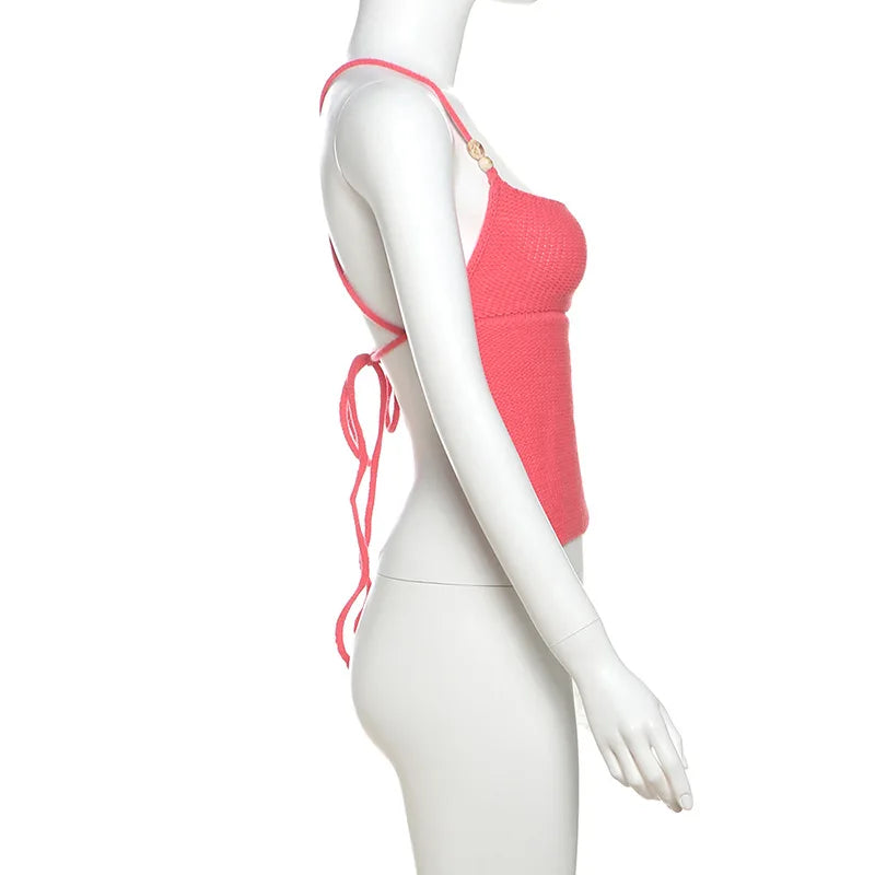 TARUXY Knitted Hollow Tanks Top Female Sexy Backless Lace Up Solid Sweater Vest Slim Halter Short Tops Casual 2025 Summer New