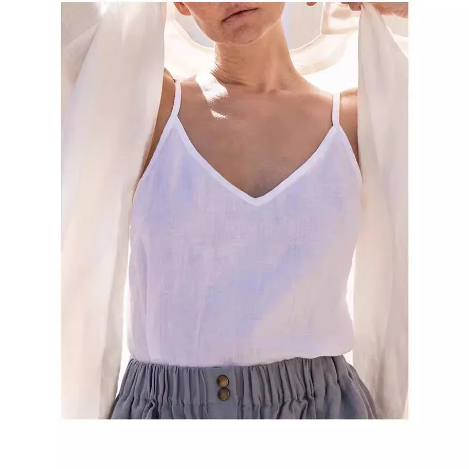 Pure Color Cotton Linen Sleeveless V-Neck Women's Tank Top Loose Fit Simple Style Outerwear Casual Comfortable Vest