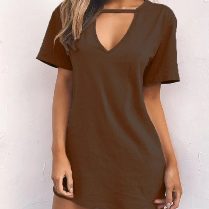 Summer Sexy Mini Black Dress 2025 V Neck Cut Out Loose Dress Women Elegant Short Sleeve Club Party Dress Solid Color Streetwear