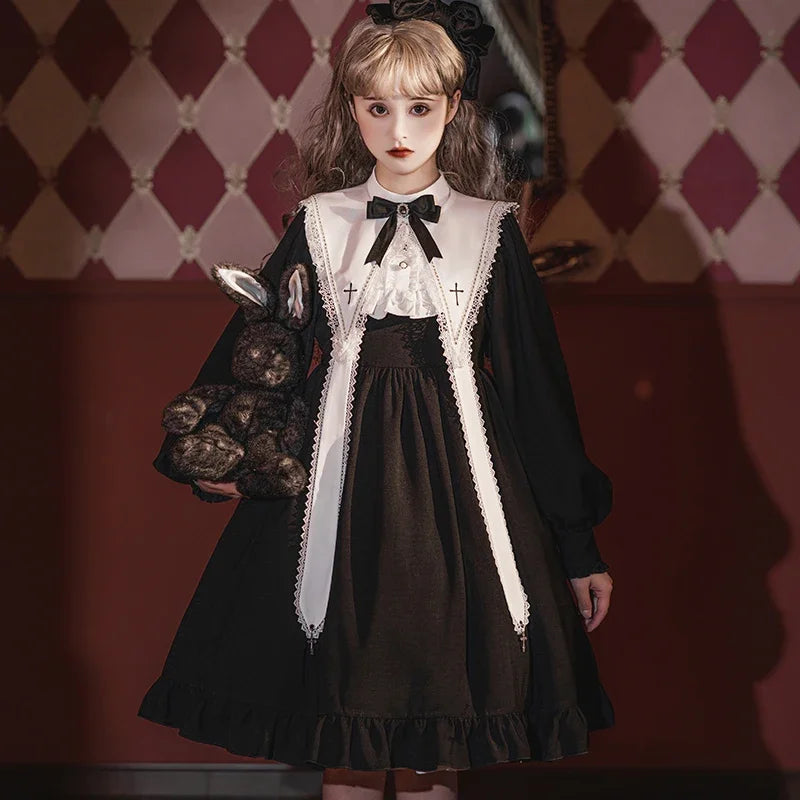 Contract Color Lolita Dress for Women Gothic Style Dark Girl Japanese Retro Op Dress Autumn and Winter Long Sleeve Black Dress