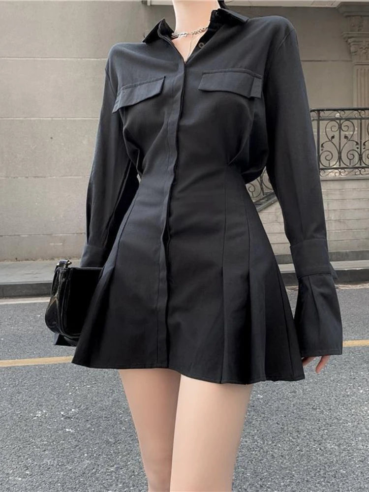 HOUZHOU Black Shirt Dress Women Elegant Vintage Long Sleeve Dresses Sexy Gothic Pleated Streetwear Turn-down Collar Casual Robe