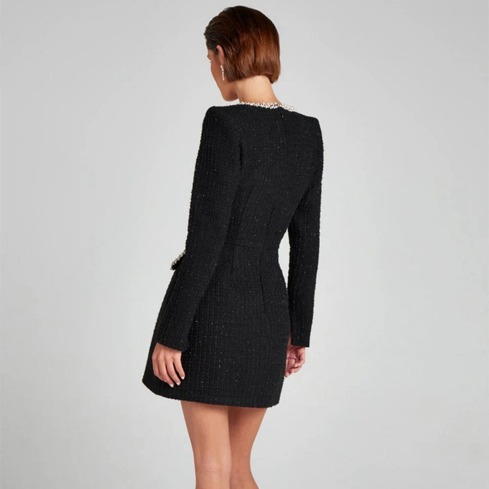 Talenza Long Sleeve Tweed Dress Women's Elegant Square Neck Luxury Party Evening Gown Retro Slim Patchwork Short Dress Vestido