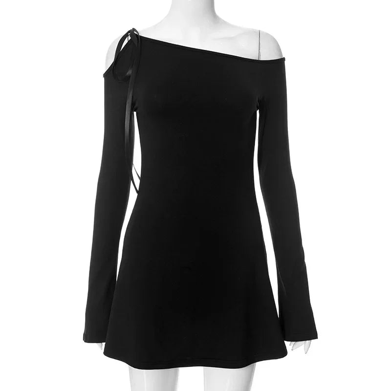 Black Dress For Women Streetwear Lace-up Inclined Collar Hot Vestidos Elegantes Para Mujer Long Sleeve Asymmetrical Y2k Clothes