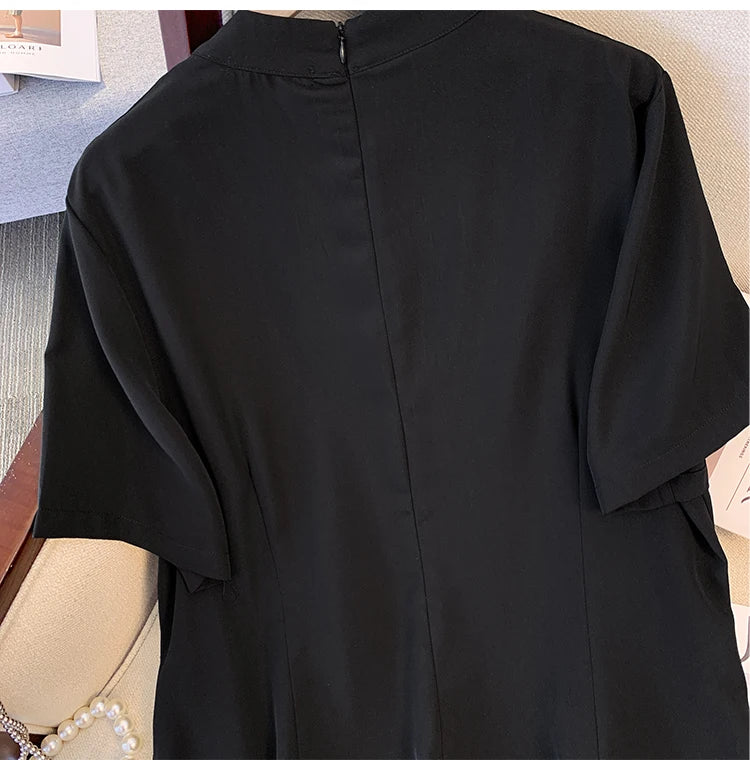 Plus size women's summer casual dress Chinese style modified cheongsam tray buckle decoration slit hem black polyester fabric