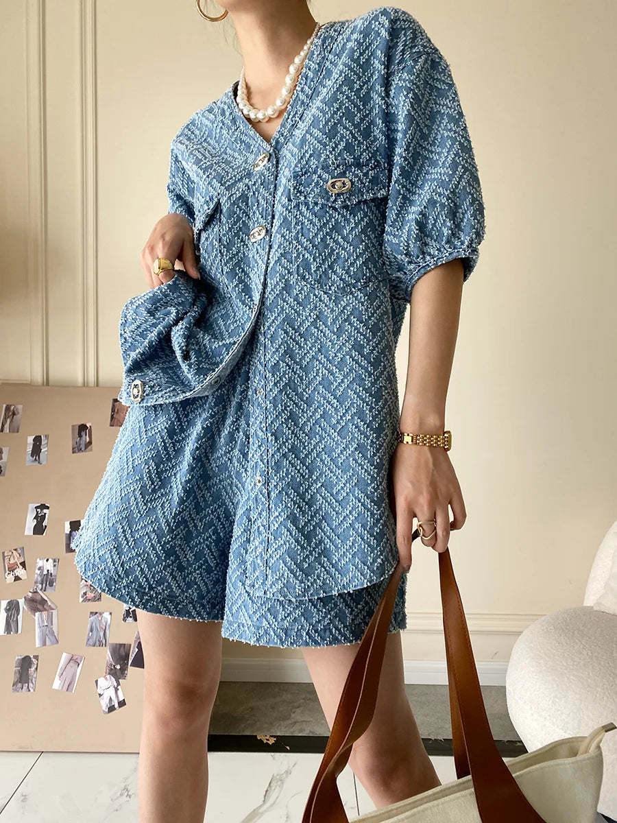 Women's Denim Short Sleeve Top and Shorts Two Piece Suit French Fashion Spring Summer Cowgirl Top Streetwear Korean Leisure New