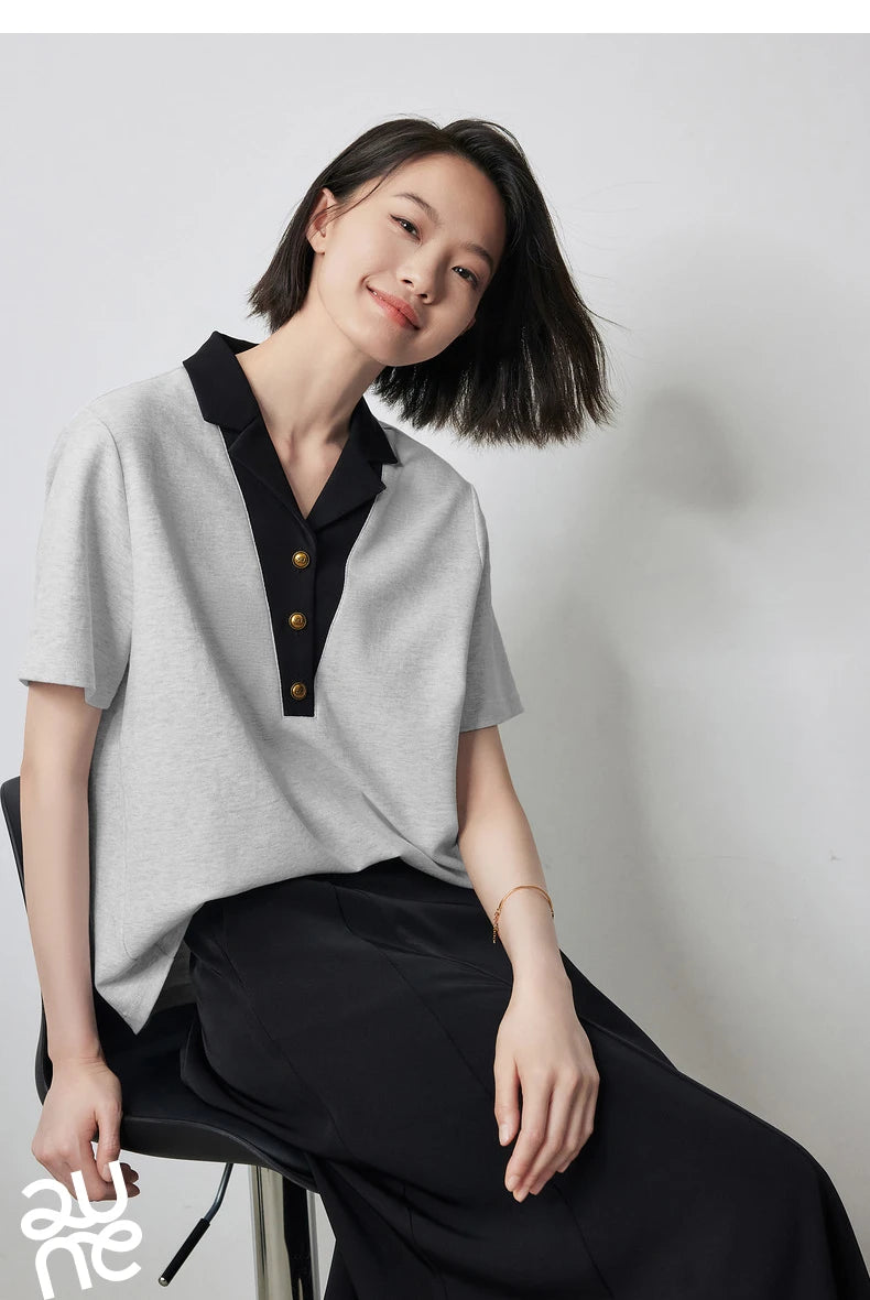 TOYOUTH Women Contrasting Colors POLO Collar T-shirt 2025 Summer New Short Sleeved Top