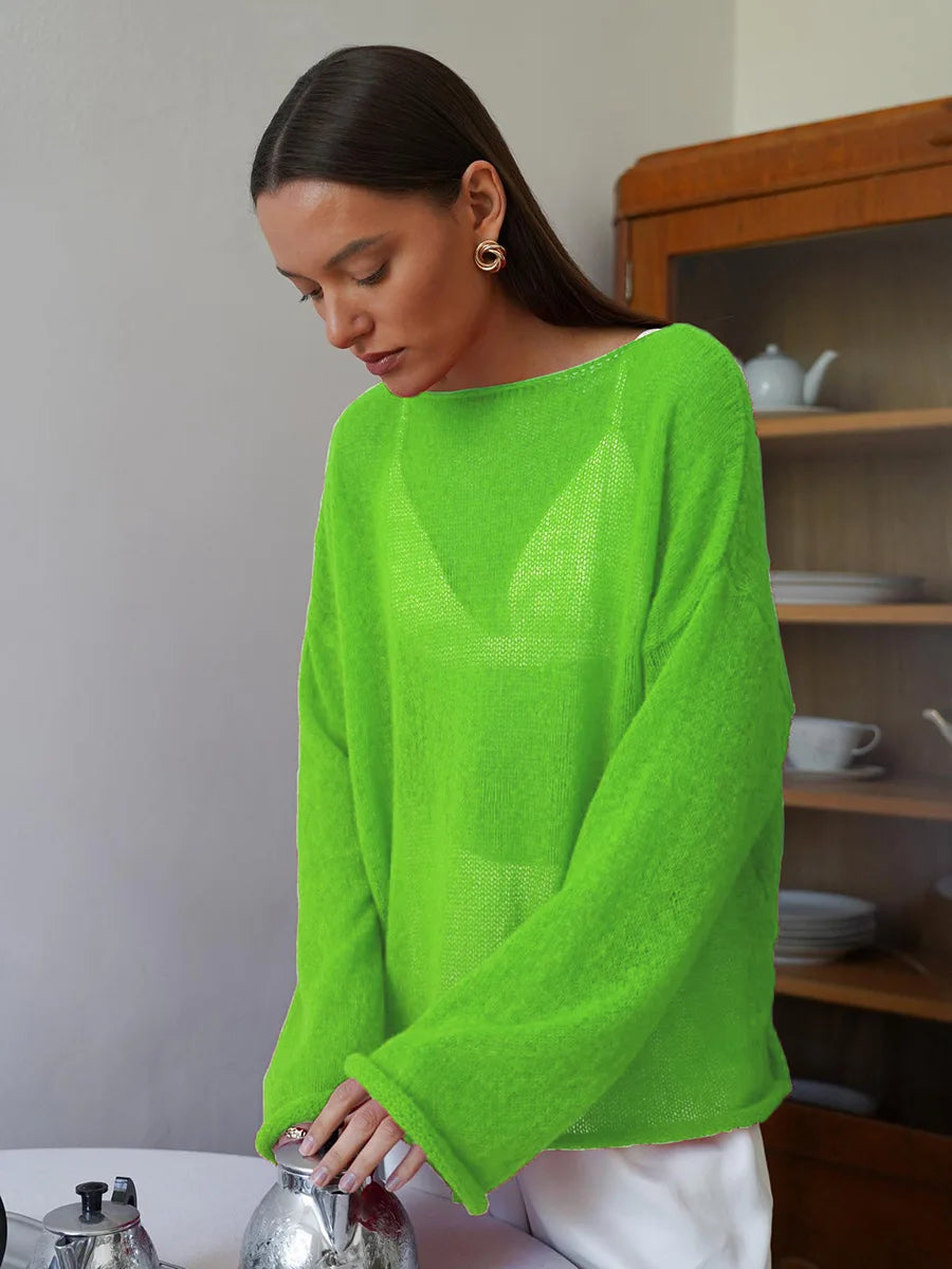 Original Fashion Hollow Out Knit Shirt Spring And Summer Women's Perspective Thin O-Neck Loose Elastic Long Sleeve Knit T-shirt