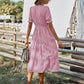 Women's Causal Striped Tassel Medium Long Dress V Neck Button Short Sleeve Spring Summer Dress