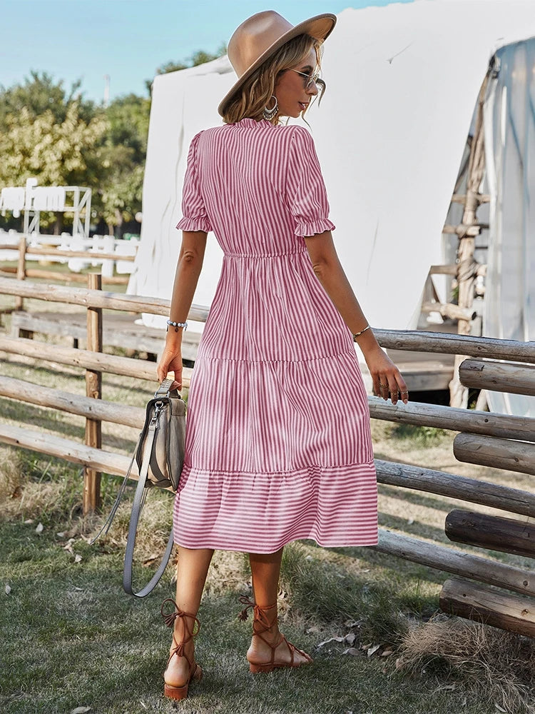 Women's Causal Striped Tassel Medium Long Dress V Neck Button Short Sleeve Spring Summer Dress