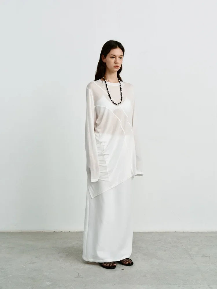 Elegant High-Waisted A- Line Skirt For Women Summer Commuting Long Dress Textile Song WhiteDrapedSideSlitLongDress