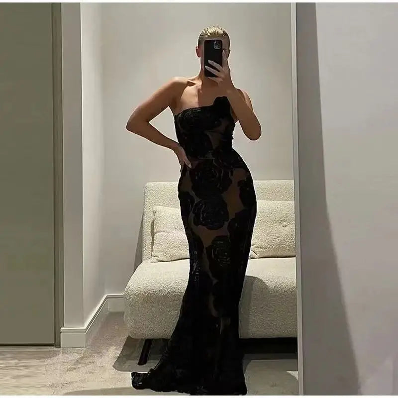 Mingmingxi Black Mesh Birthday Dress for Women 2024 One Shoulder Sexy Long Dress Slim Elegant Flower Wedding Guest Party Dresses