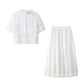TRAFZA Women Fashion O-Neck Crocheting Details White Skirt Suit Short-sleeve Blouse+Side Zipper White Pleated Midi Se Long Skirt