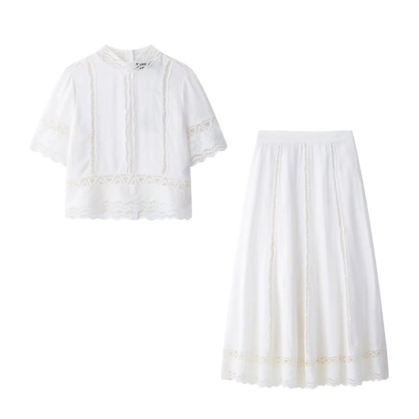 TRAFZA Women Fashion O-Neck Crocheting Details White Skirt Suit Short-sleeve Blouse+Side Zipper White Pleated Midi Se Long Skirt