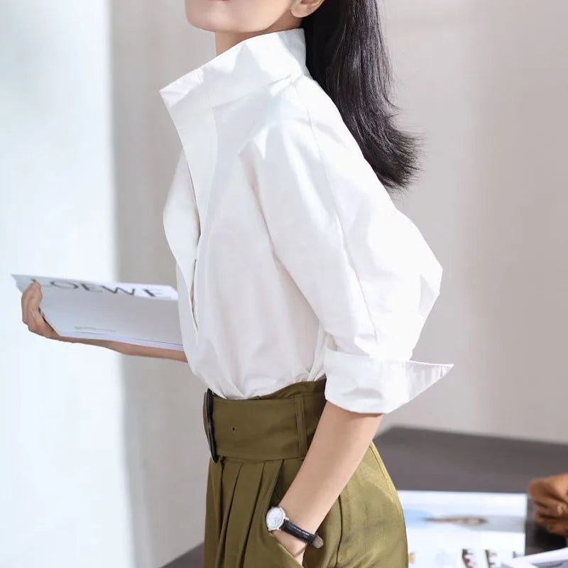 Fashion Stand Collar Solid Color Korean Blouse Women's Clothing 2023 Spring New Casual Pullovers All-match Office Lady Shirt