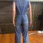 Vintage Loose Denim Wide Leg Pants Jumpsuit Women Pocket Sleeveless Single Breasted Baggy Jean One Piece Rompers Street Overalls