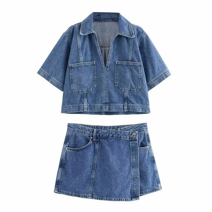TRAFZA Summer Women Suits Denim Blue Turn-Down Collar Short Sleeves Pocket Decoration Shirts+Mid Waist Asymmetrical Shorts