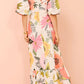 Fashion Square Collar Printed Long Dress Women Elegant Casual Short Puff Sleeved Dresses 2024 Summer Chic Female Vacation Robes