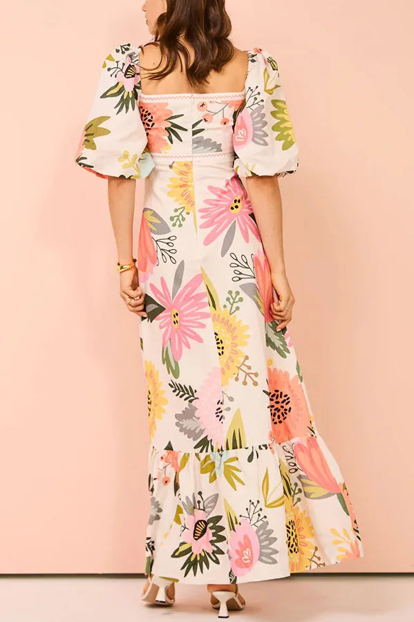 Fashion Square Collar Printed Long Dress Women Elegant Casual Short Puff Sleeved Dresses 2024 Summer Chic Female Vacation Robes