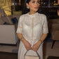 TRAFZA Women Fashion O-Neck Crocheting Details White Skirt Suit Short-sleeve Blouse+Side Zipper White Pleated Midi Se Long Skirt