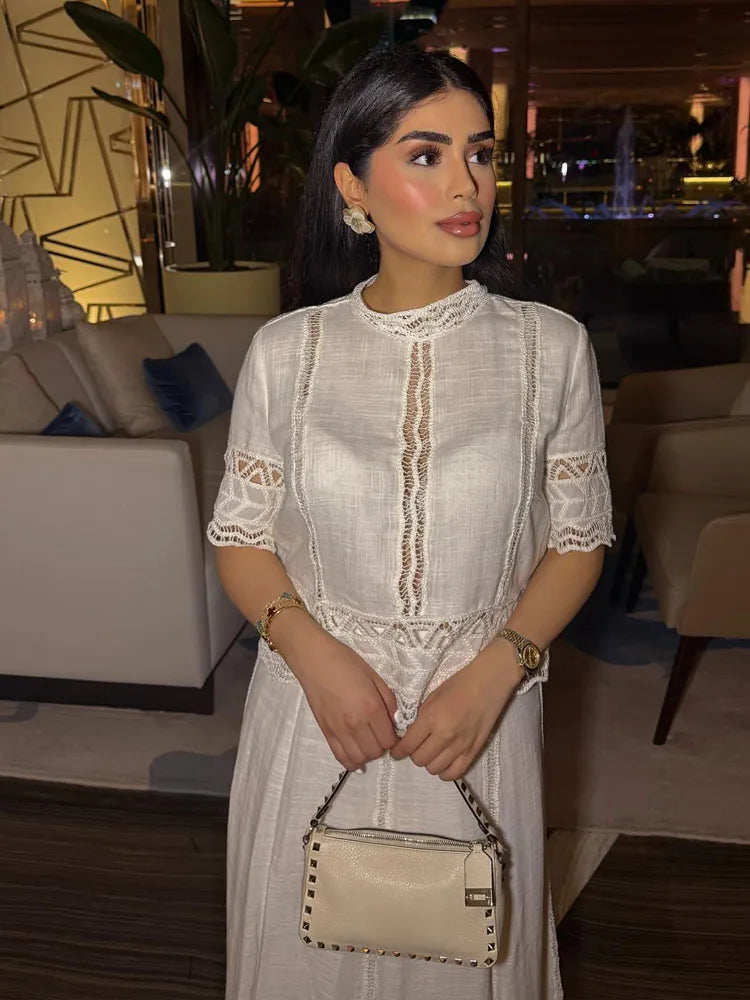 TRAFZA Women Fashion O-Neck Crocheting Details White Skirt Suit Short-sleeve Blouse+Side Zipper White Pleated Midi Se Long Skirt