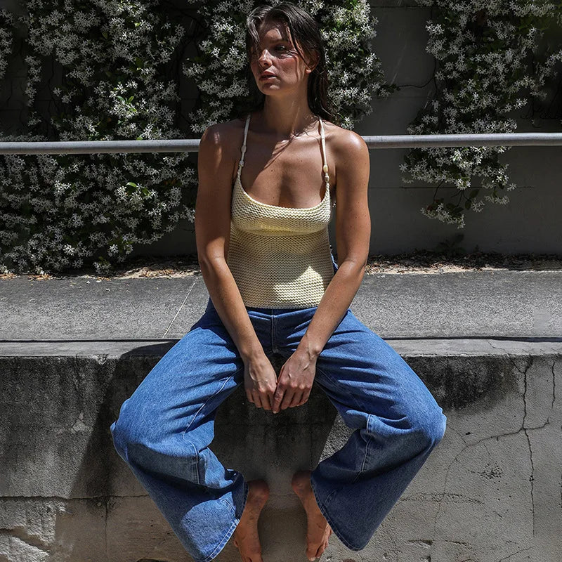 TARUXY Knitted Hollow Tanks Top Female Sexy Backless Lace Up Solid Sweater Vest Slim Halter Short Tops Casual 2025 Summer New