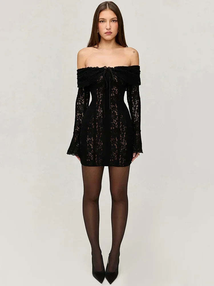 Oligai Winter Lace Long Sleeve Evening Party Dresses Women 2025 Black Sexy Elegant Maxi Dress Fashion Long Wedding Guest Dress