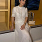 TRAFZA Women Fashion O-Neck Crocheting Details White Skirt Suit Short-sleeve Blouse+Side Zipper White Pleated Midi Se Long Skirt