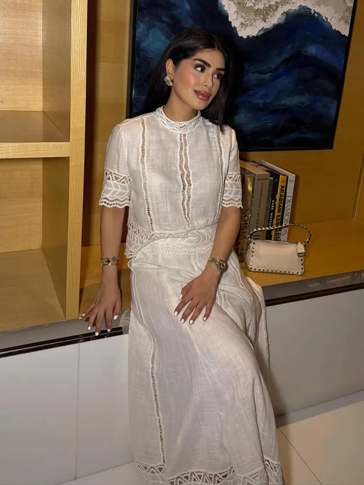 TRAFZA Women Fashion O-Neck Crocheting Details White Skirt Suit Short-sleeve Blouse+Side Zipper White Pleated Midi Se Long Skirt