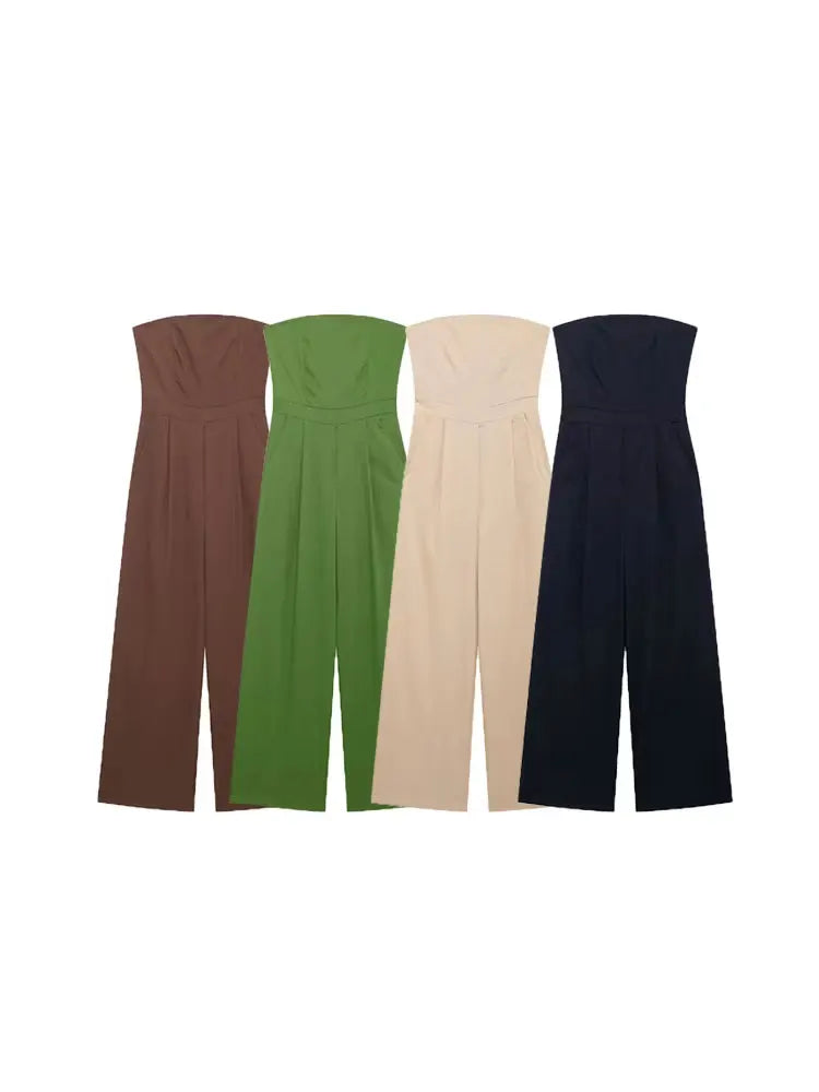 TRZA-Strapless Linen Jumpsuits for Women, Straight Neck, Back Zipper, Female Playsuits, Chic Fashion