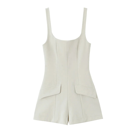 Women's new chic fashion flip decoration casual versatile suspender jumpsuit retro sleeveless backless women's short jumpsuit