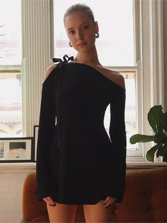 Black Dress For Women Streetwear Lace-up Inclined Collar Hot Vestidos Elegantes Para Mujer Long Sleeve Asymmetrical Y2k Clothes