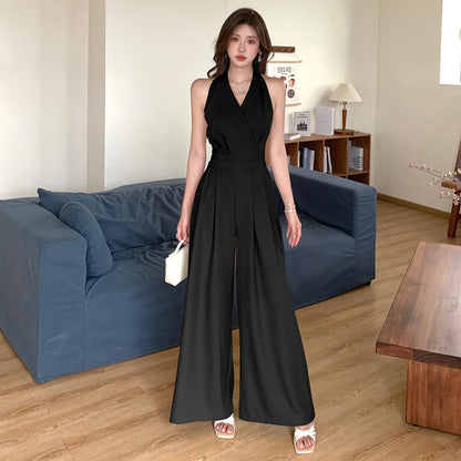 Fashion Elegant Women's Maxi Jumpsuits Style Formal Casual Hatler Bandage Bow Backless Long Pants Party Mujer Loose Rompers Lady