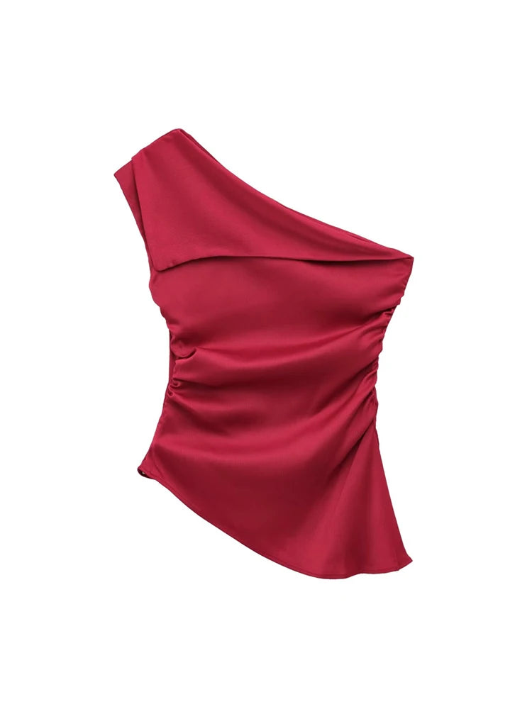 TRZA Women's Asymmetric Draped Blouse One Shoulder Side Zipper Chic Fashion Top Female Shirt