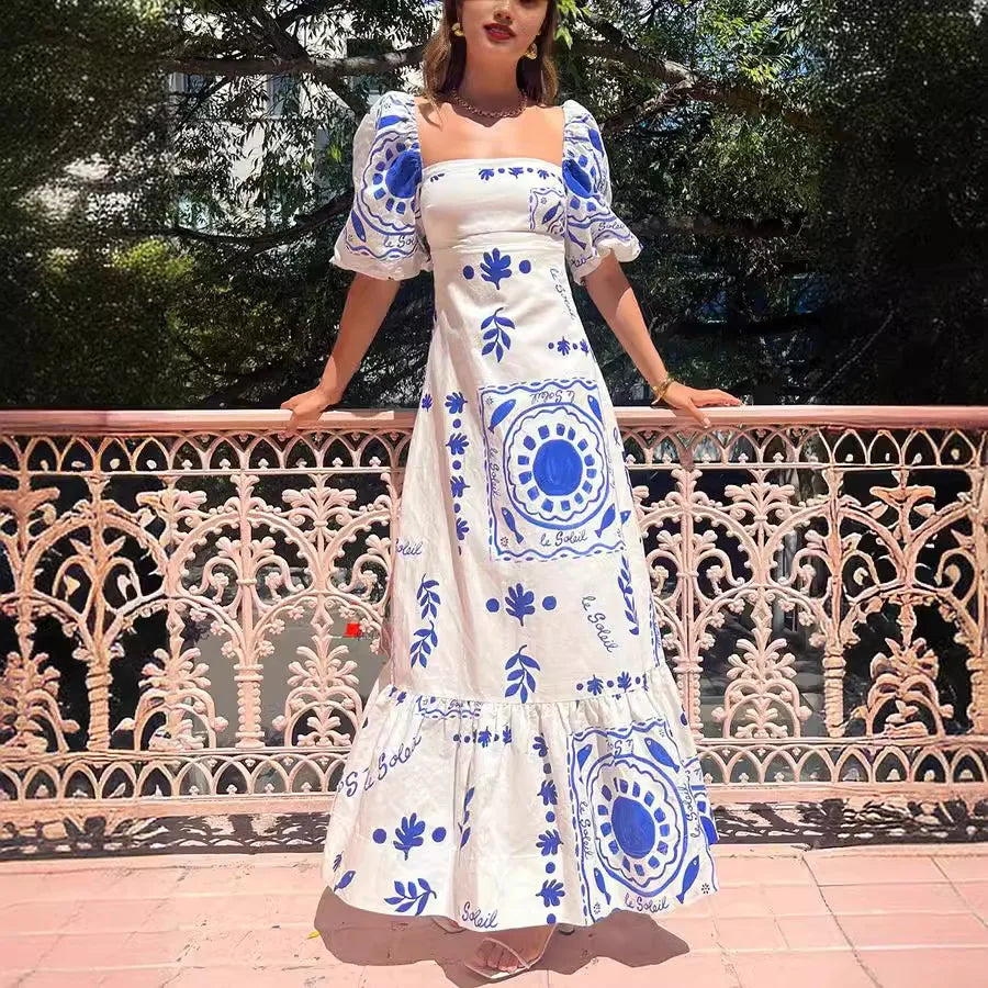 Fashion Square Collar Printed Long Dress Women Elegant Casual Short Puff Sleeved Dresses 2024 Summer Chic Female Vacation Robes