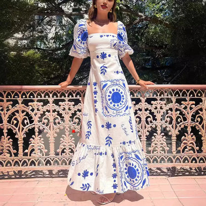 Fashion Square Collar Printed Long Dress Women Elegant Casual Short Puff Sleeved Dresses 2024 Summer Chic Female Vacation Robes