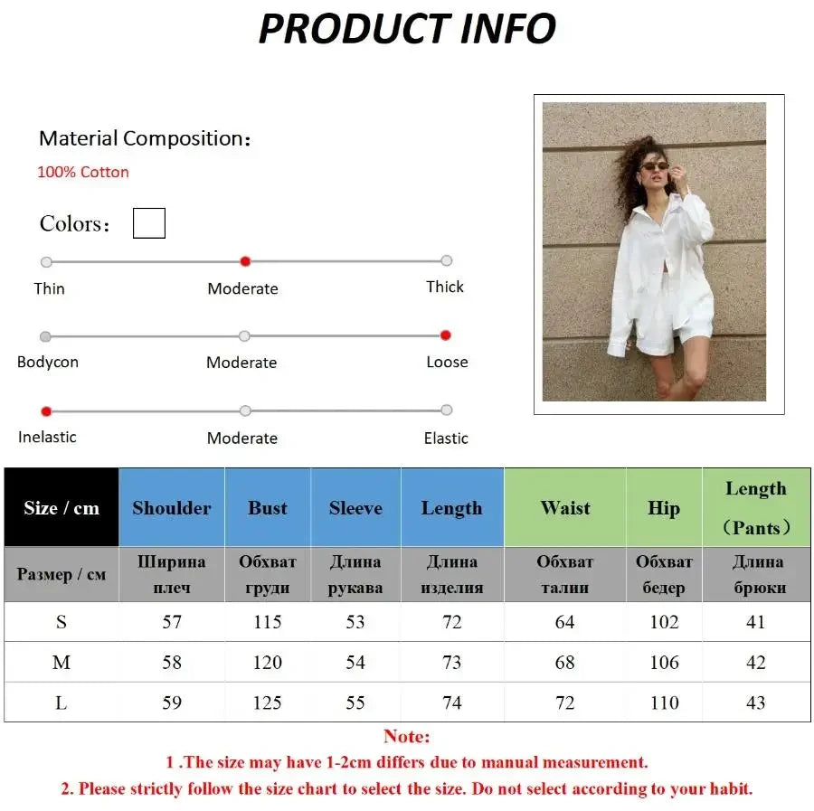 Wolfeel Women's Casual Shorts Sets 100% Cotton Solid Color Cozy Lapel Long Sleeve Shirt Summer New Elastic Waist Shorts Suits